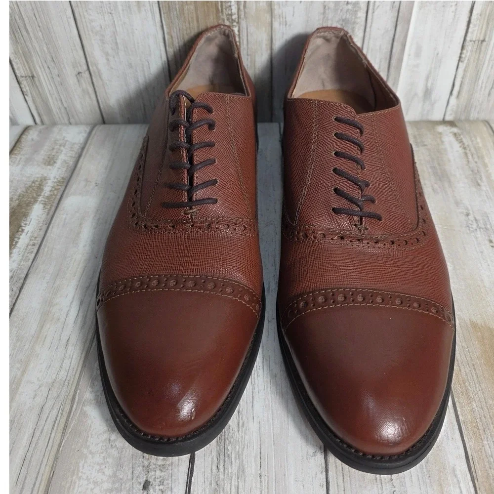 Express Mens Brown Leather Cap Toe Oxford Dress Shoes Brogue Textured size 9